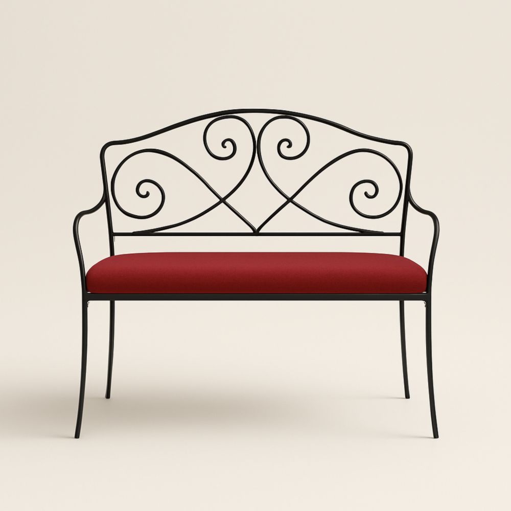 Banc en fer forgé noir avec coussin rouge