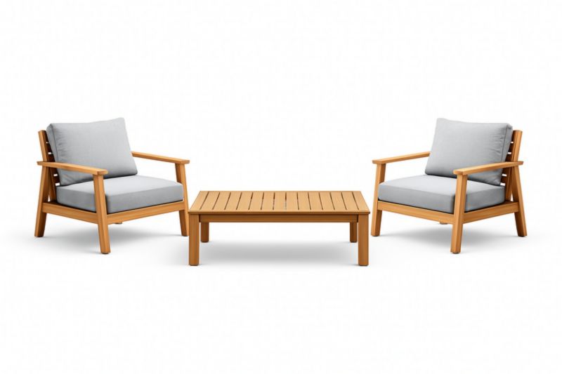 Ensemble de fauteuils et table basse en bois avec coussins gris