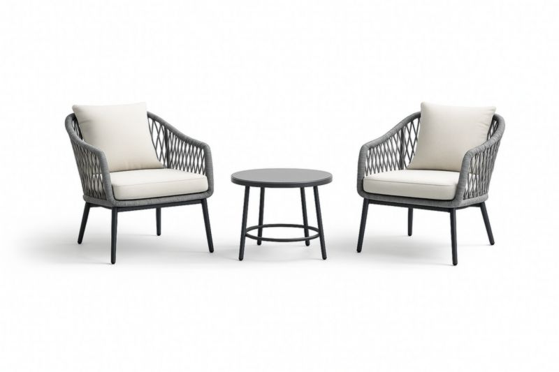 Ensemble Salon de Jardin en Rotin avec Coussins en Polyester Gris et Beige