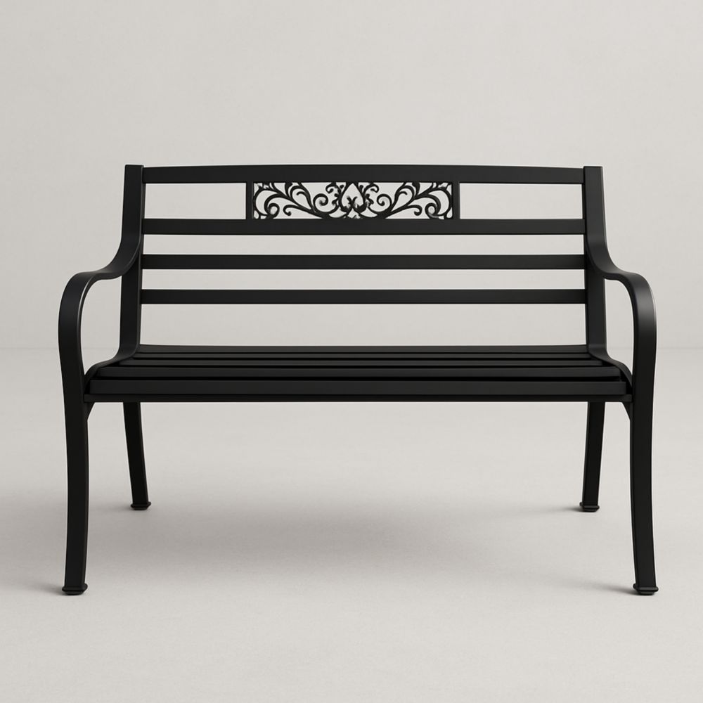 Banc de jardin en acier noir avec décorations