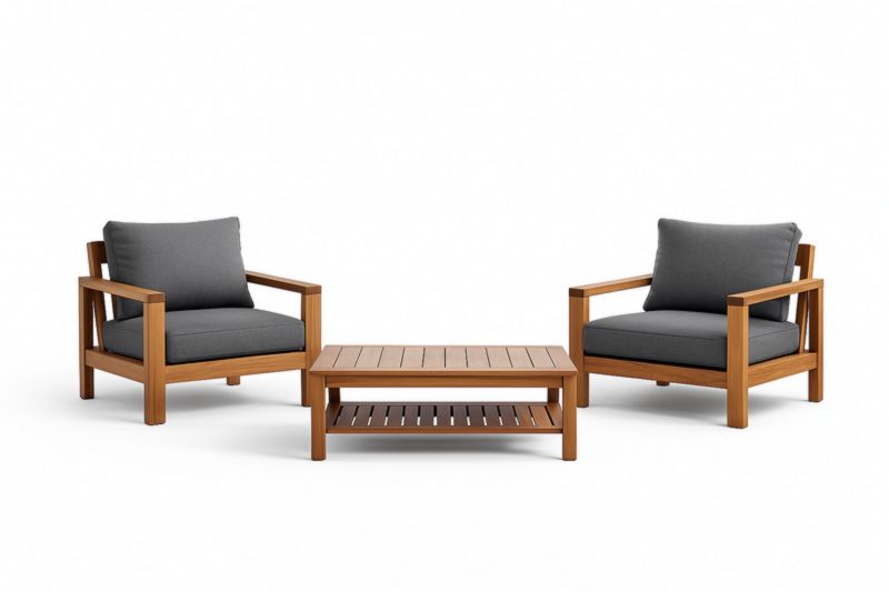 Ensemble de table et chaises d'extérieur en bois avec coussins gris