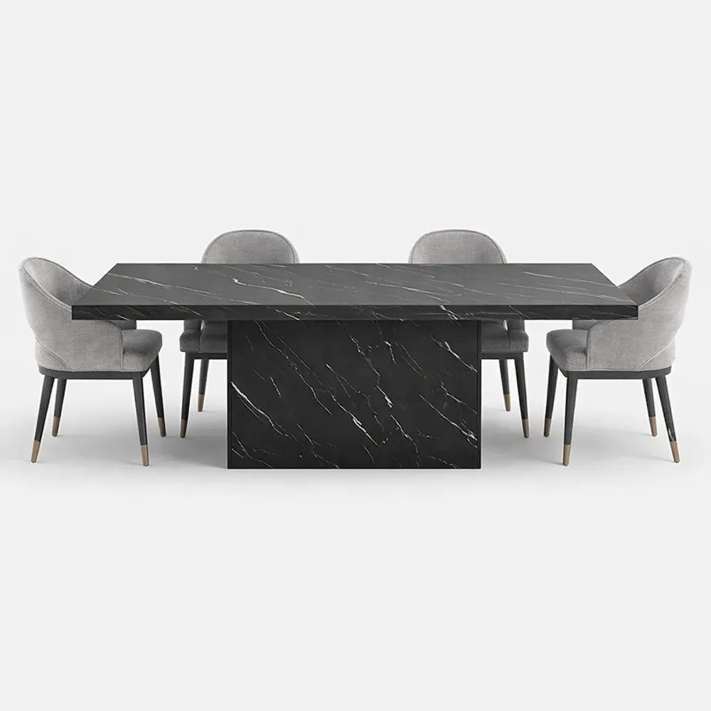 Grande table à manger rectangulaire en bois pour 6 à 8 personnes avec finitions marbre noir