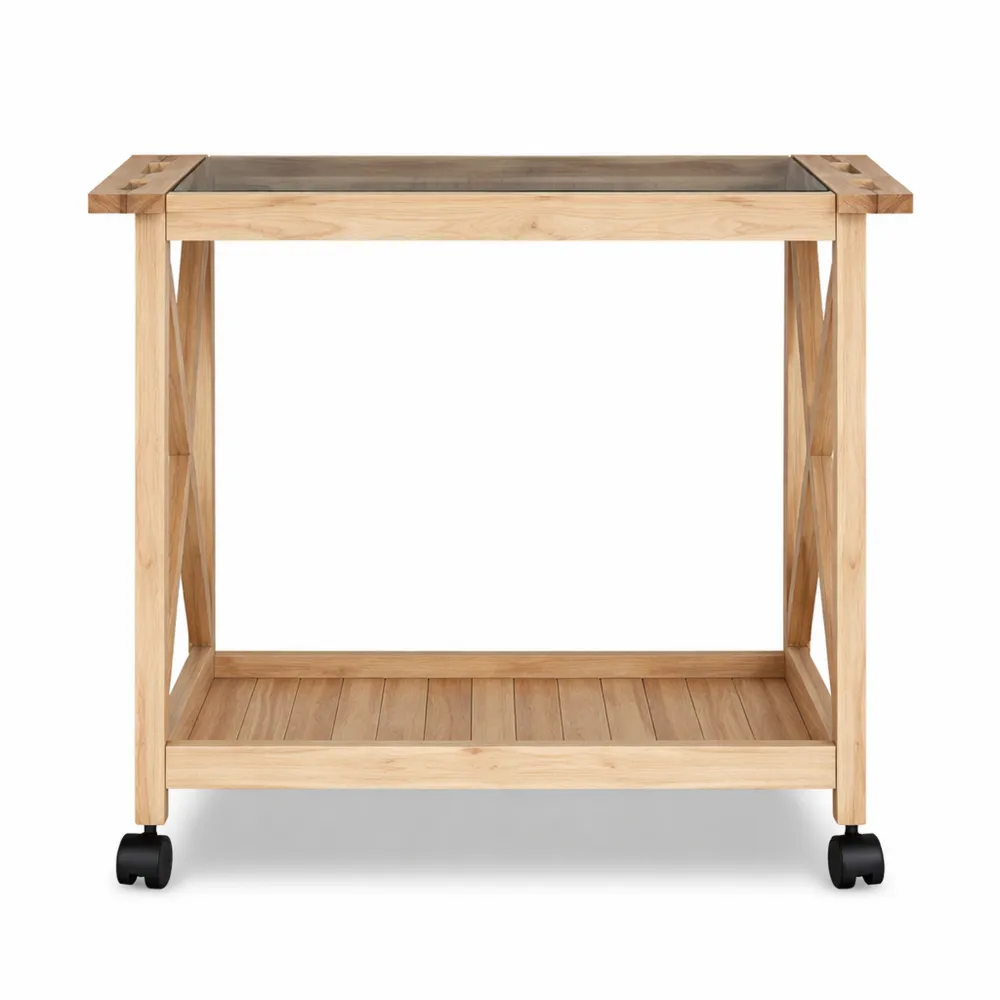 Chariot de cuisine en noyer avec espace de stockage et plateau en verre