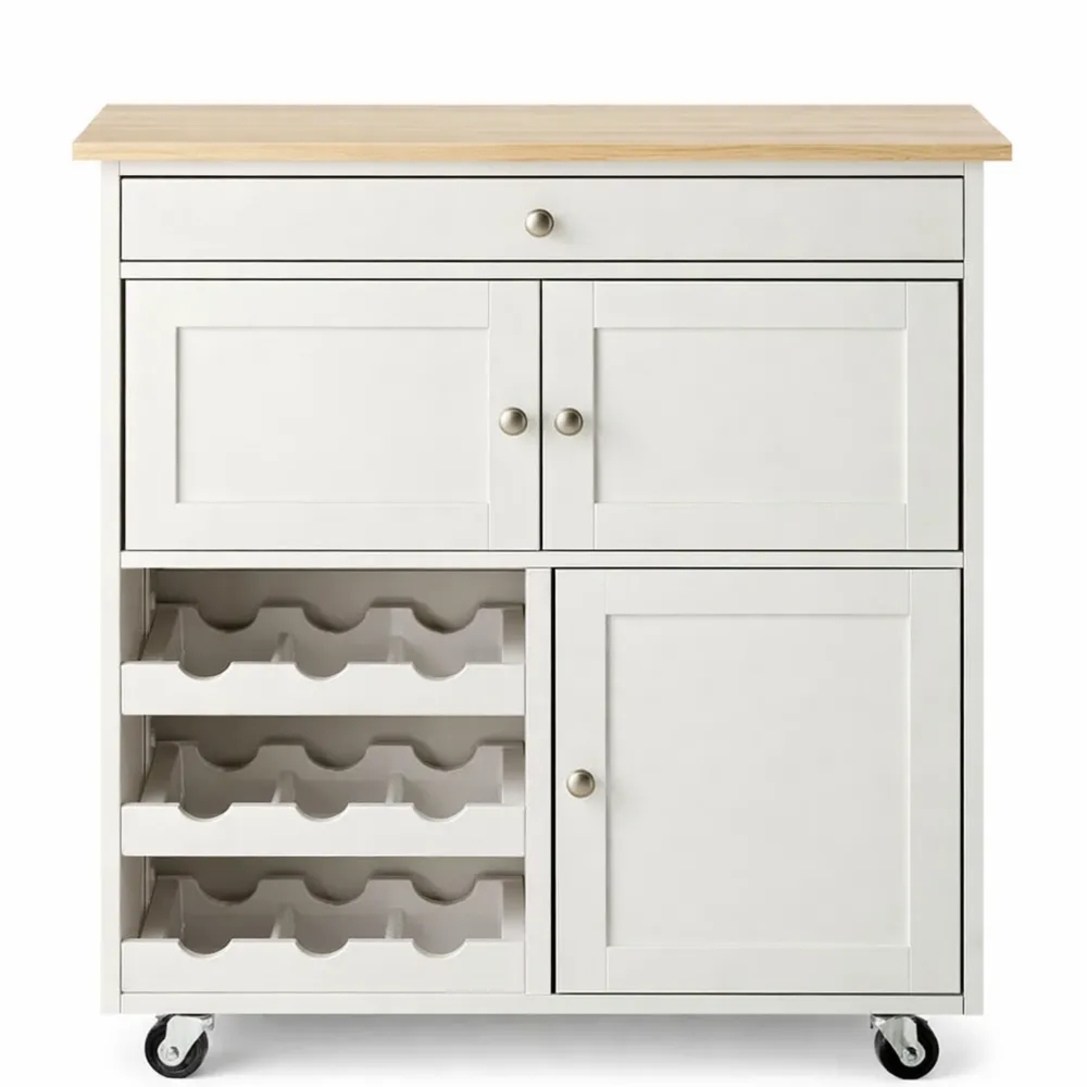 Desserte de Cuisine en Bois d'Hévéa avec Rangement et Roulettes