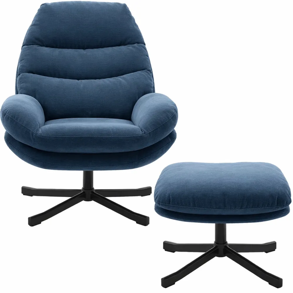 Fauteuil de relaxation pivotant avec tabouret rembourré en bleu pour salon