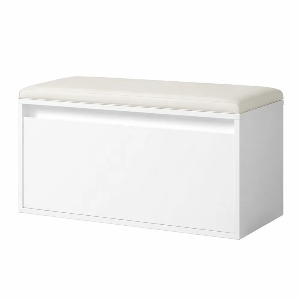 Banc de rangement pour chaussures avec coussin confortable et tiroir, capacité 3 paires, blanc