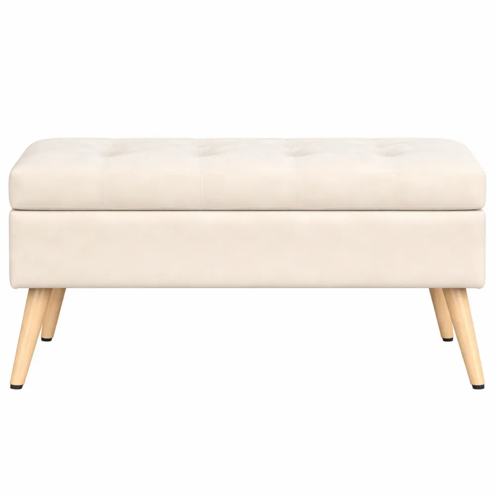 Banc de rangement en velours crème avec pieds en bois