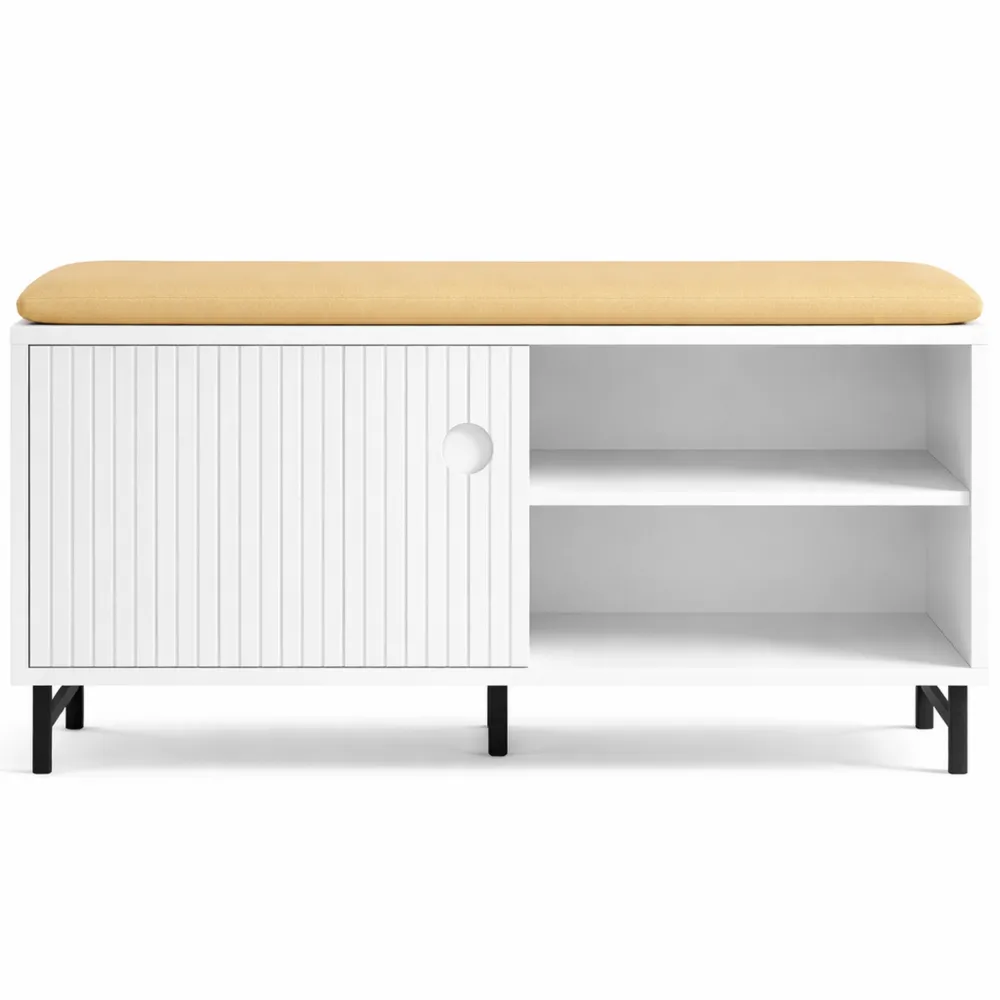 Banc de rangement chaussures avec étagères et portes coulissantes, assise rembourrée, couleur blanche