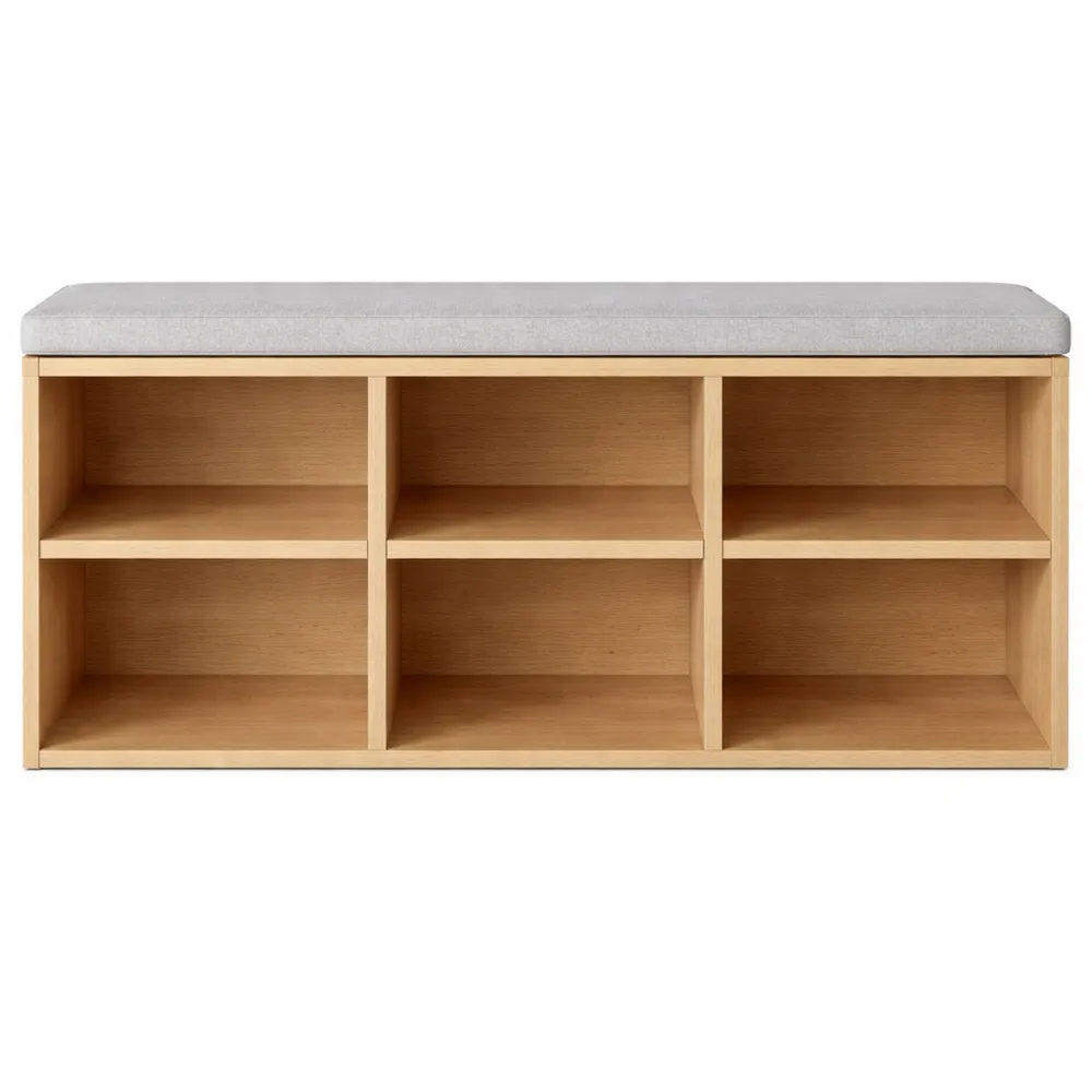Banc de rangement d'entrée avec coussin et étagères ajustables, 6 compartiments, 87 x 30 x 48 cm, couleur chêne