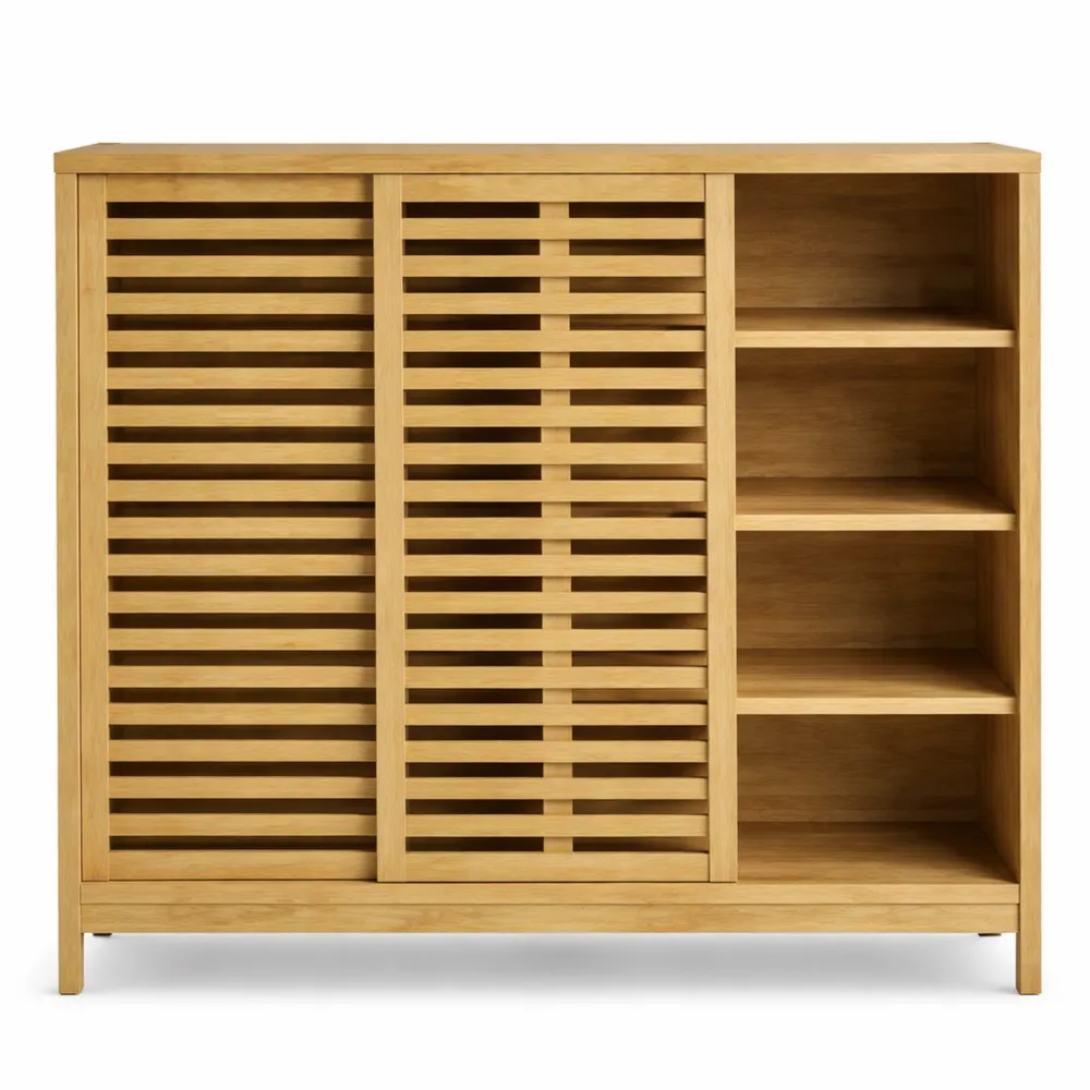 Armoire de salle de bain en bambou avec portes coulissantes et étagères