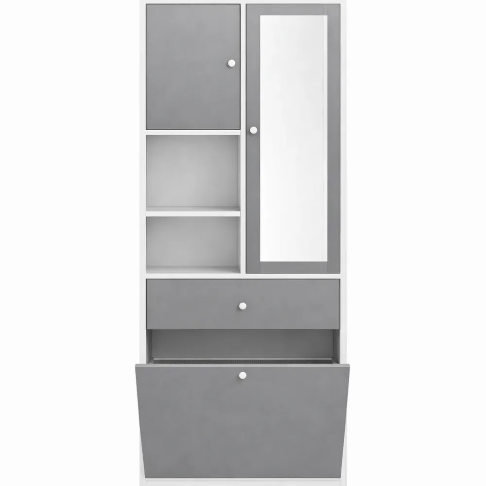 Armoire de Salle de Bain avec Miroir et Panier à Linge, Espaces de Rangement Multiples, Gris et Blanc