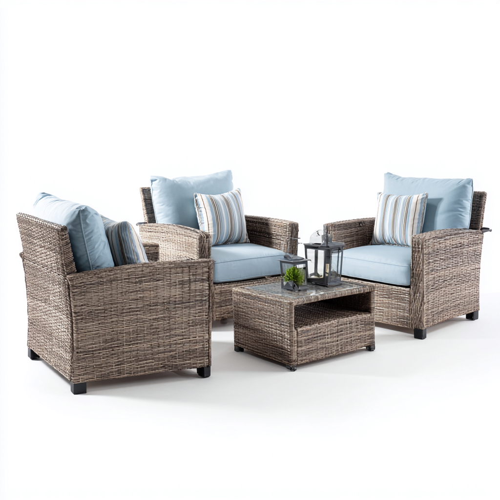 Sofá de jardín - ratán sintético - 85x75x90 cm - beige-azul - diseño moderno-Bamboogonest