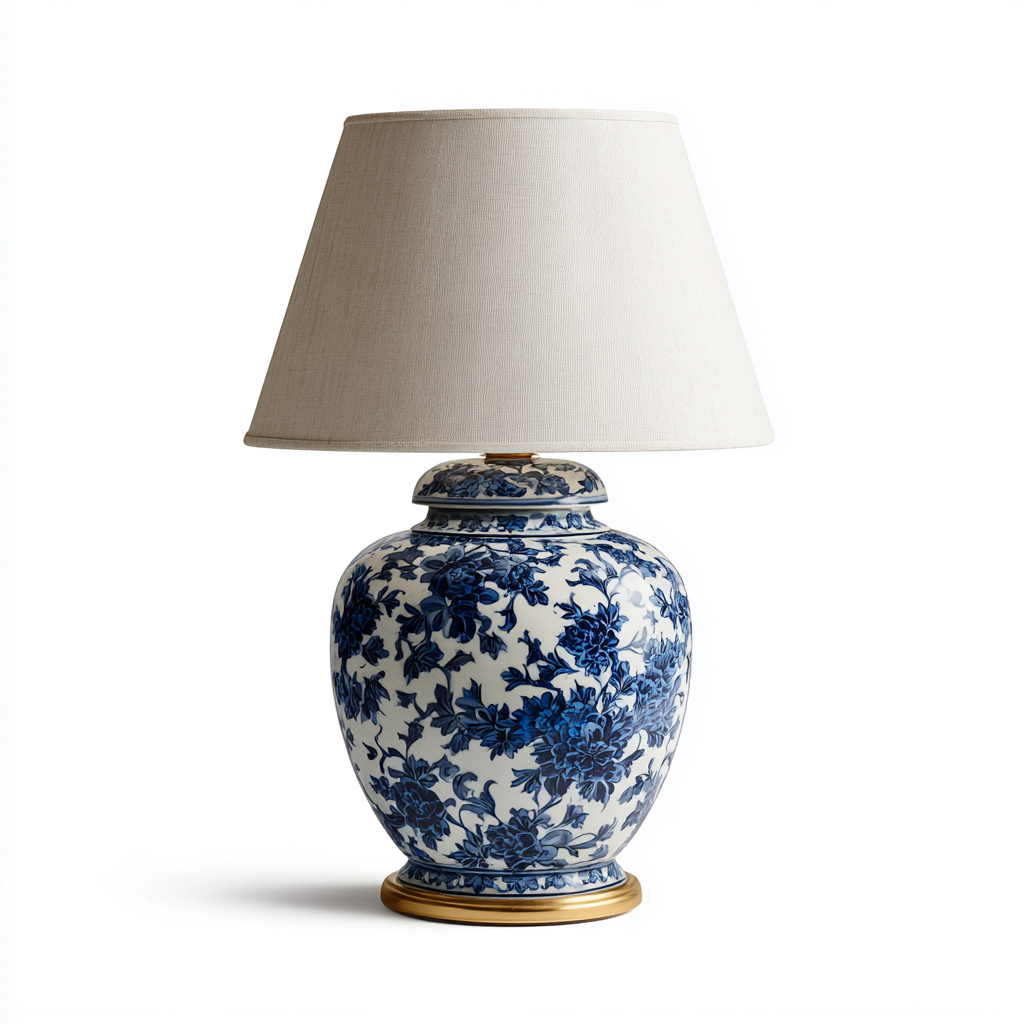 Lámpara de mesa-tela-cerámica-metal-36x58 cm-blanco-azul-dorado-estilo clásico-Bamboogonest