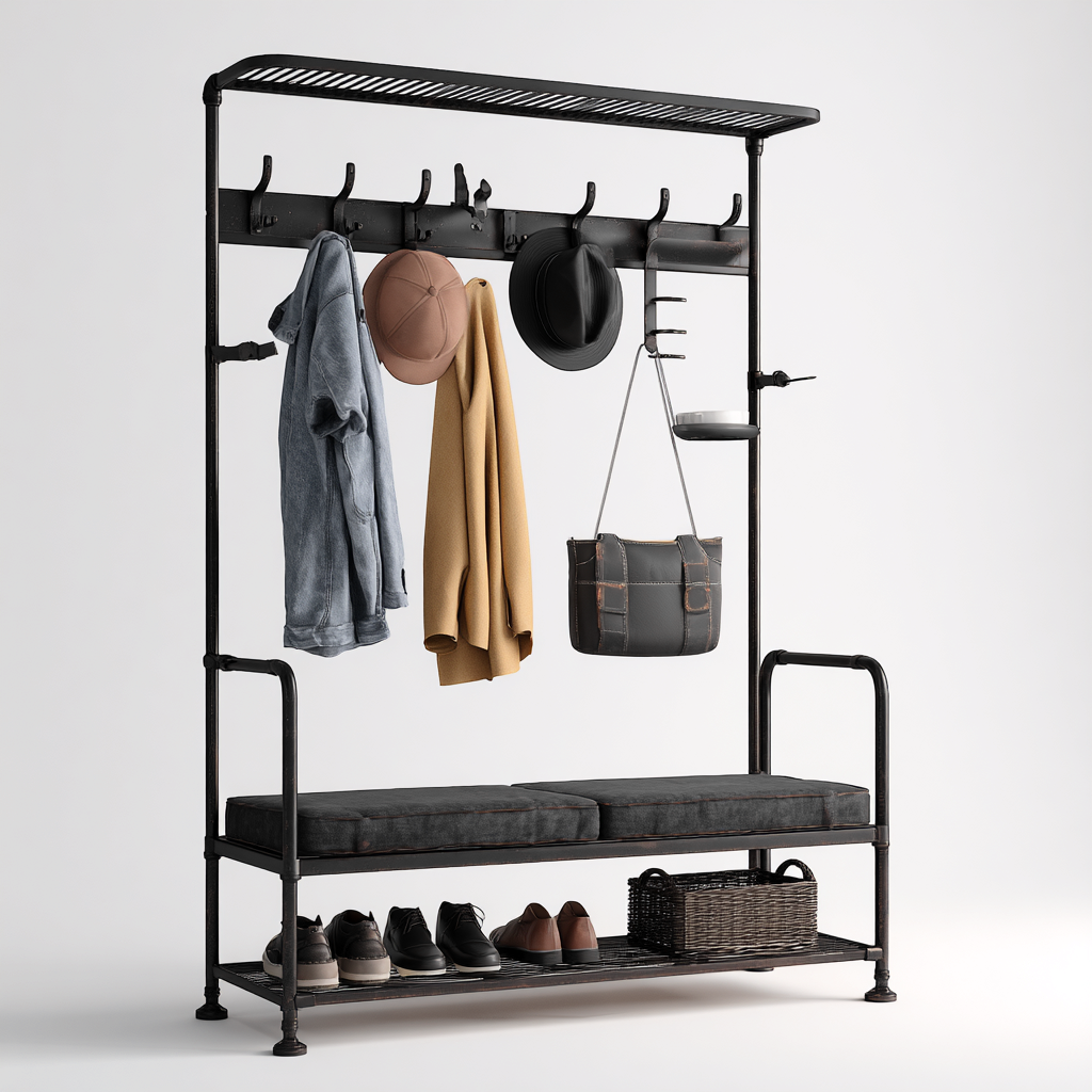 Perchero-metal-tela-110x38x185 cm-negro-gris oscuro-diseño funcional-Bamboogonest