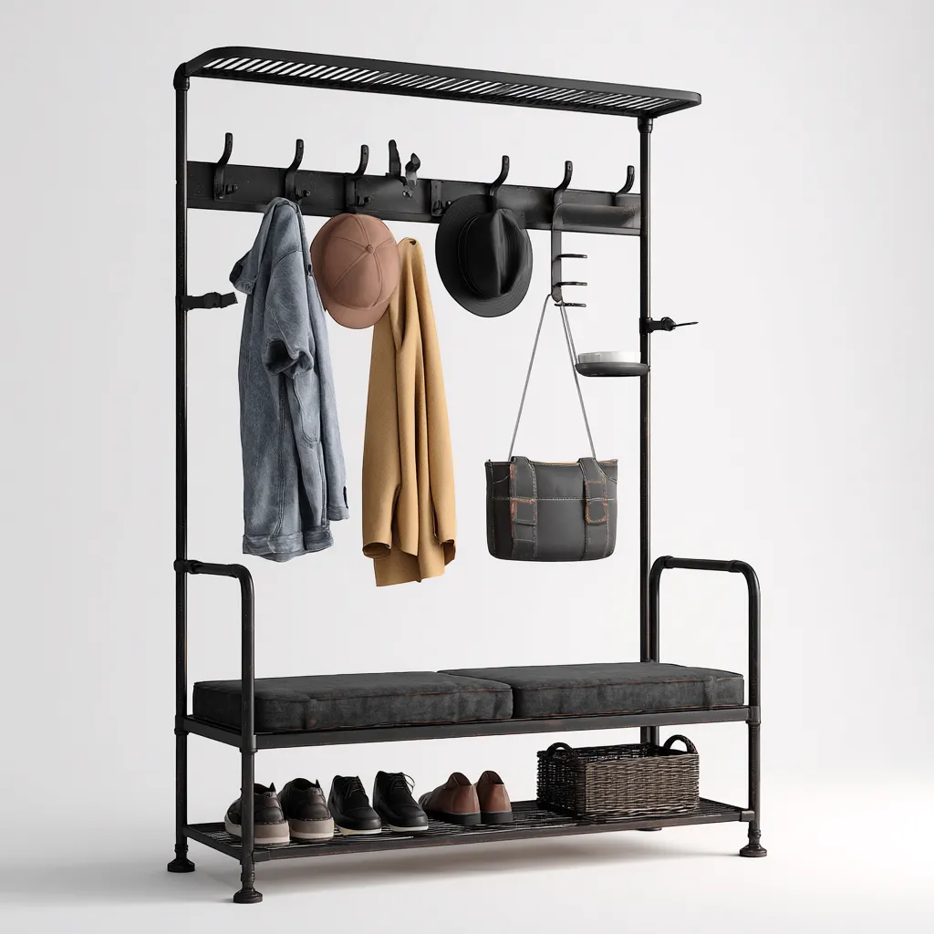 Perchero-metal-tela-110x38x185 cm-negro-gris oscuro-diseño funcional-Bamboogonest