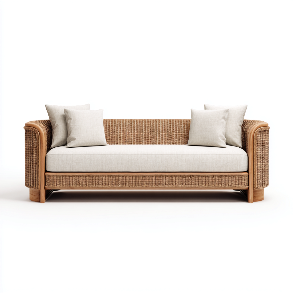 Sofá de jardín - ratán natural - 195x85x80 cm - beige-madera - estilo moderno artesanal-Bamboogonest