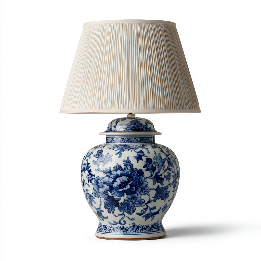 Lámpara de mesa-tela-cerámica-metal-35x57 cm-blanco-azul-estilo clásico-Bamboogonest