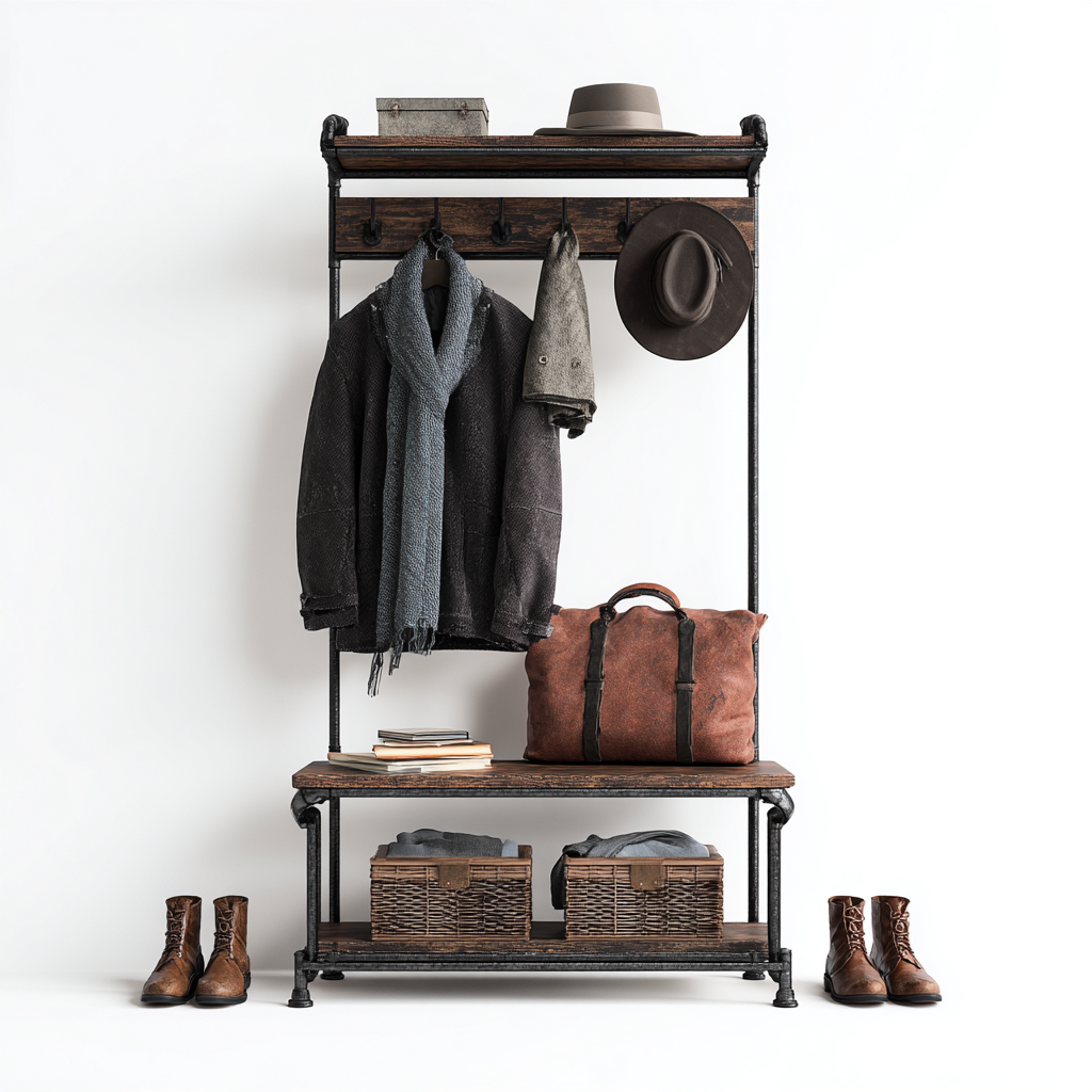 Perchero - metal-madera - 100x40x180 cm - negro-natural - estilo industrial-Bamboogonest