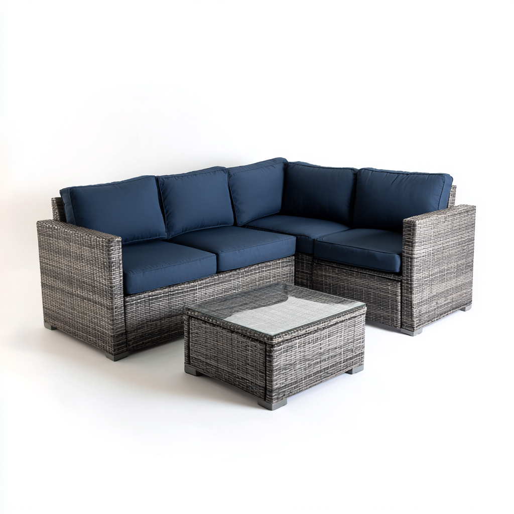 Sofá de jardín - ratán sintético - 185x185x80 cm - gris-azul - diseño moderno-Bamboogonest