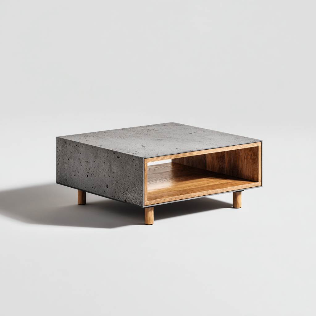Mesa de centro - hormigón-madera - 88x88x34 cm - gris-marrón - diseño moderno-Bamboogonest