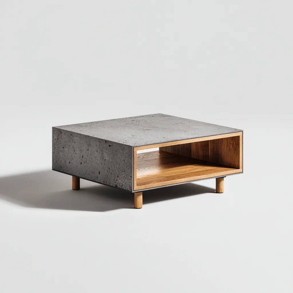 Mesa de centro - hormigón-madera - 88x88x34 cm - gris-marrón - diseño moderno-Bamboogonest