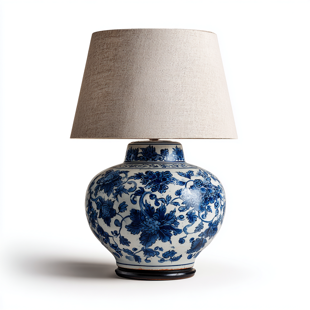 Lámpara de mesa-tela-cerámica-madera-34x54 cm-blanco-azul-madera-estilo clásico-Bamboogonest