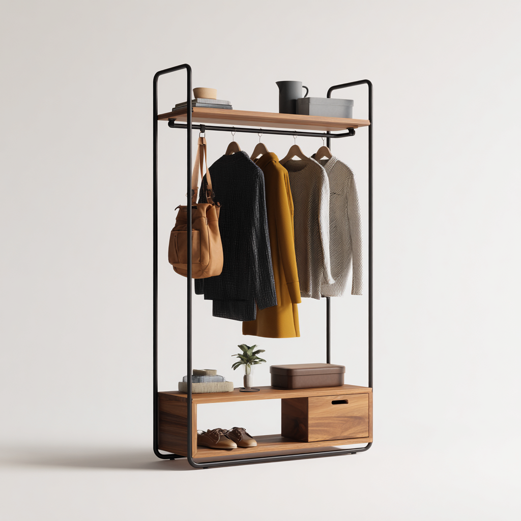 Perchero-metal-madera-100x40x175 cm-negro-nogal-diseño moderno-Bamboogonest