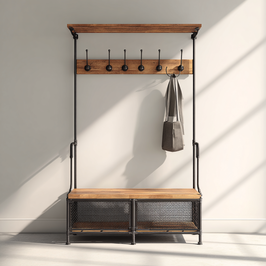 Perchero-metal-madera-110x40x185 cm-negro-madera natural-diseño industrial-Bamboogonest