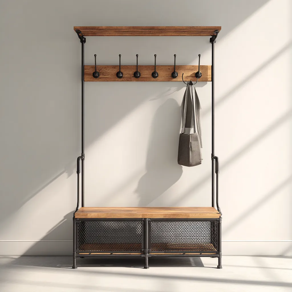 Perchero-metal-madera-110x40x185 cm-negro-madera natural-diseño industrial-Bamboogonest