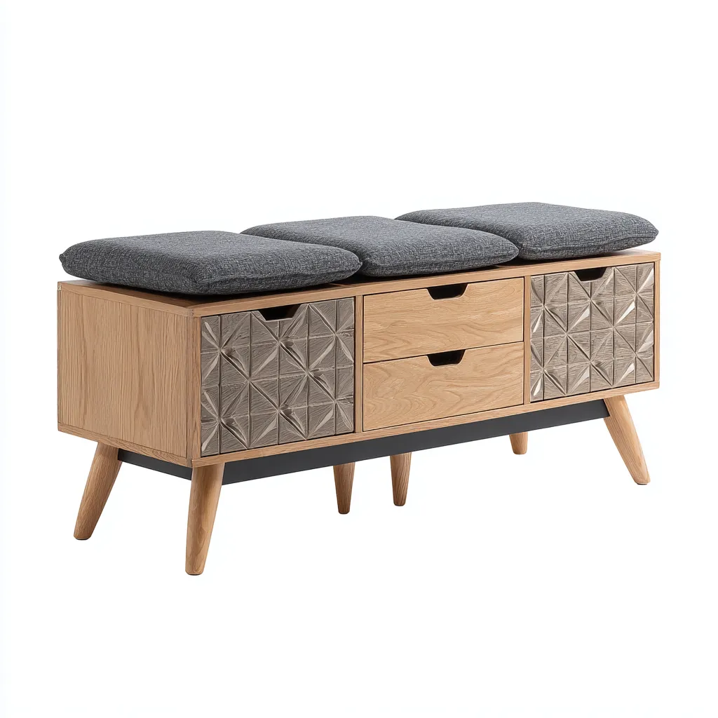 Banco de dormitorio - madera-tela - 120x42x55 cm - gris-madera - asiento con almacenamiento-Bamboogonest