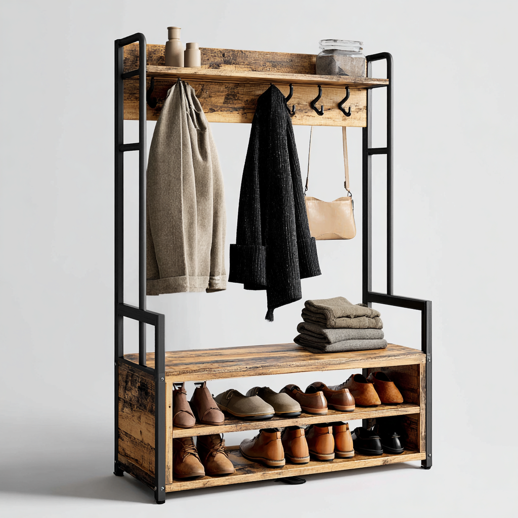 Perchero-metal-madera-100x38x180 cm-negro-madera rústica-diseño industrial-Bamboogonest