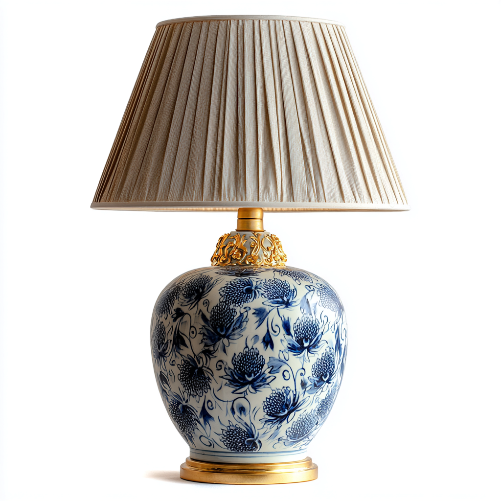 Lámpara de mesa-tela-cerámica-metal-38x62 cm-beige-azul-blanco-oro-estilo clásico-Bamboogonest