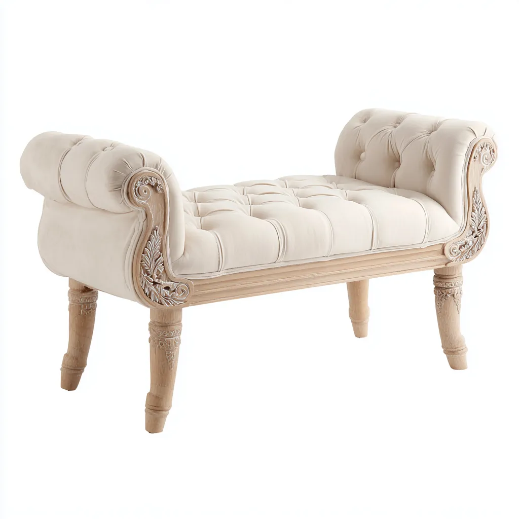 Banco de dormitorio - madera-tela - 110x40x55 cm - beige - diseño clásico-Bamboogonest