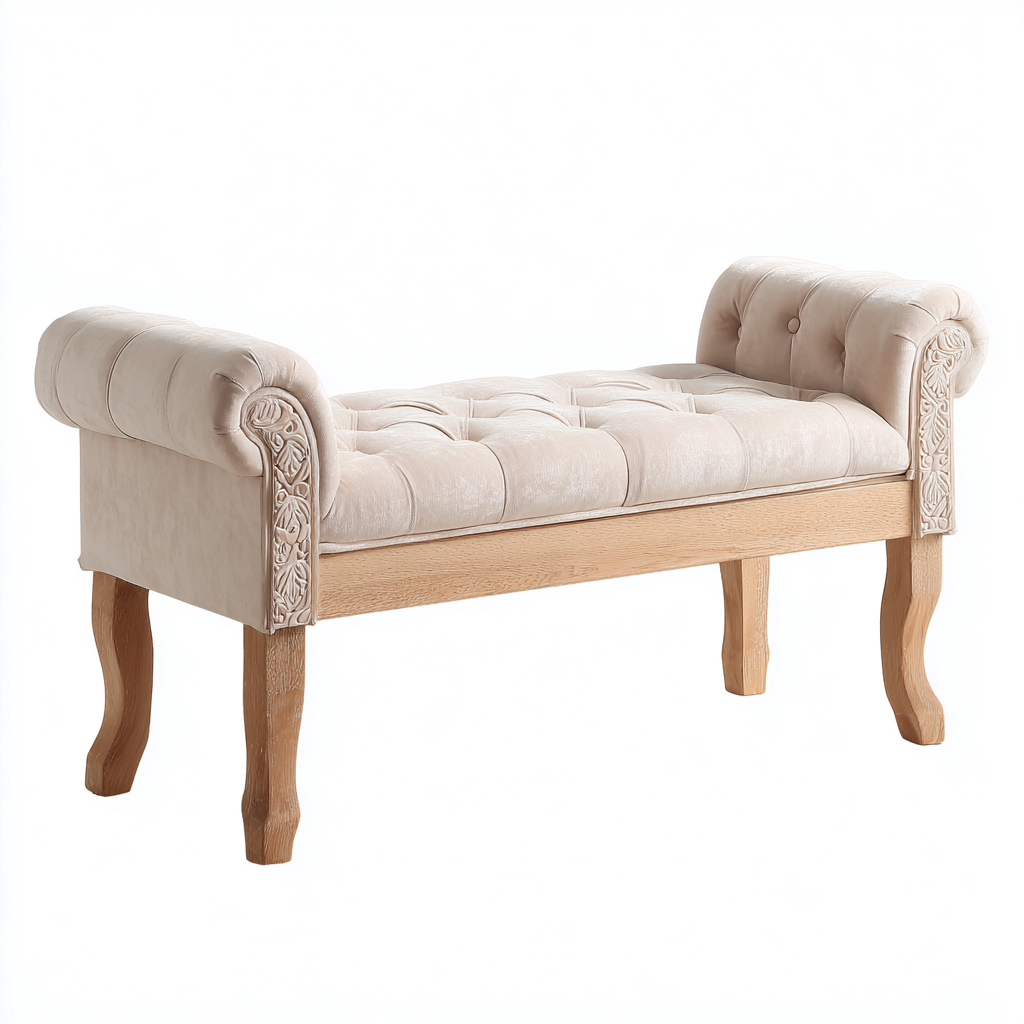 Banco de dormitorio - madera-tela - 115x40x58 cm - beige - diseño clásico-Bamboogonest