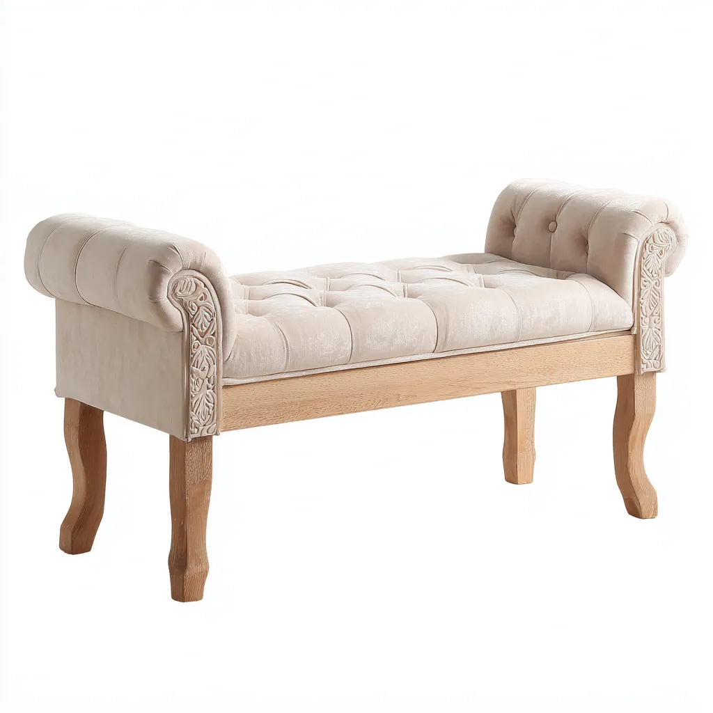 Banco de dormitorio - madera-tela - 115x40x58 cm - beige - diseño clásico-Bamboogonest