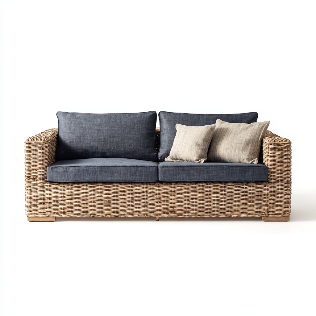 Sofá de jardín - ratán natural - 190x85x80 cm - beige-azul - diseño moderno-Bamboogonest