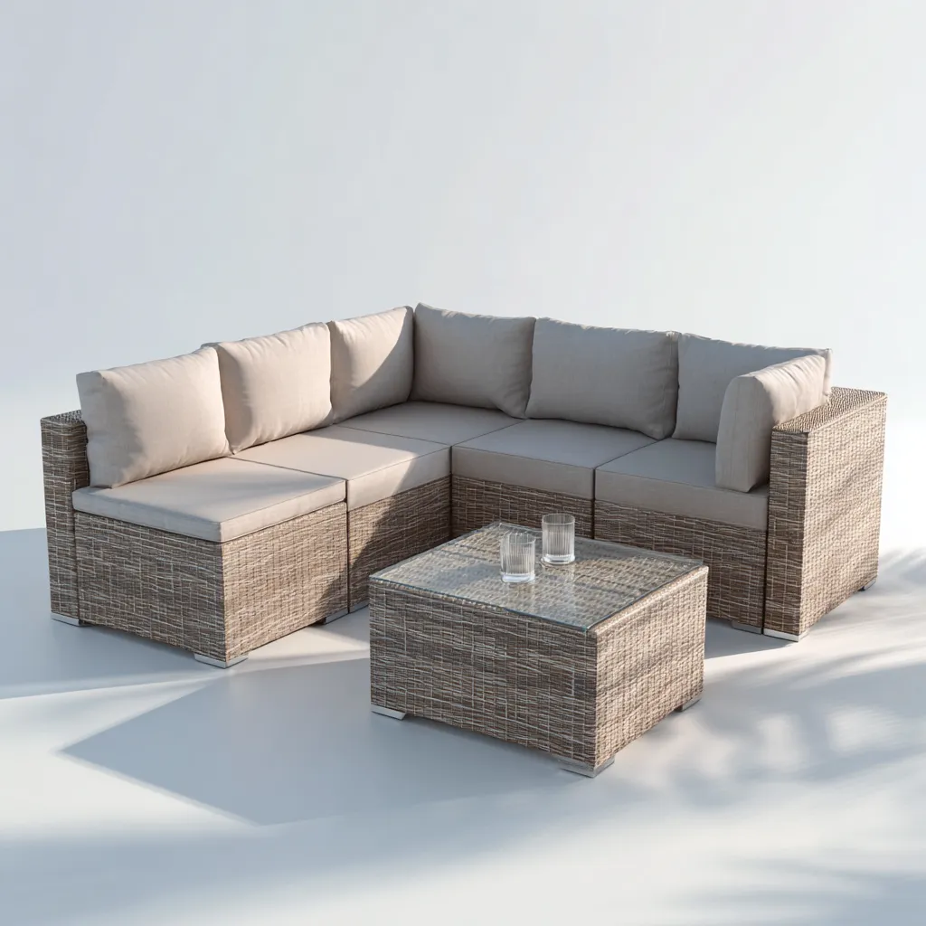 Sofá de jardín - ratán sintético - 210x210x85 cm - beige - diseño moderno-Bamboogonest