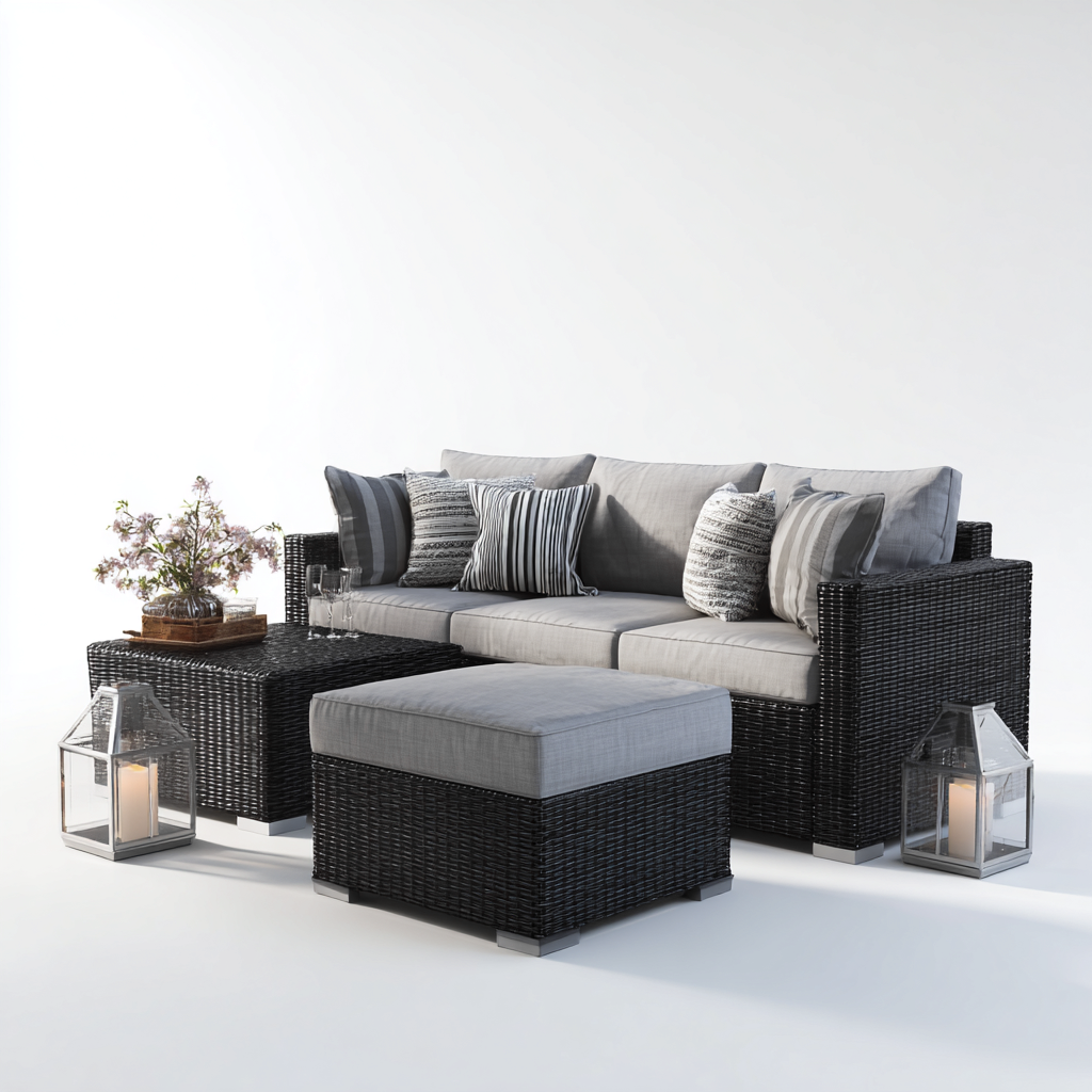 Sofá de jardín - ratán sintético - 190x80x80 cm - negro-gris - diseño moderno-Bamboogonest