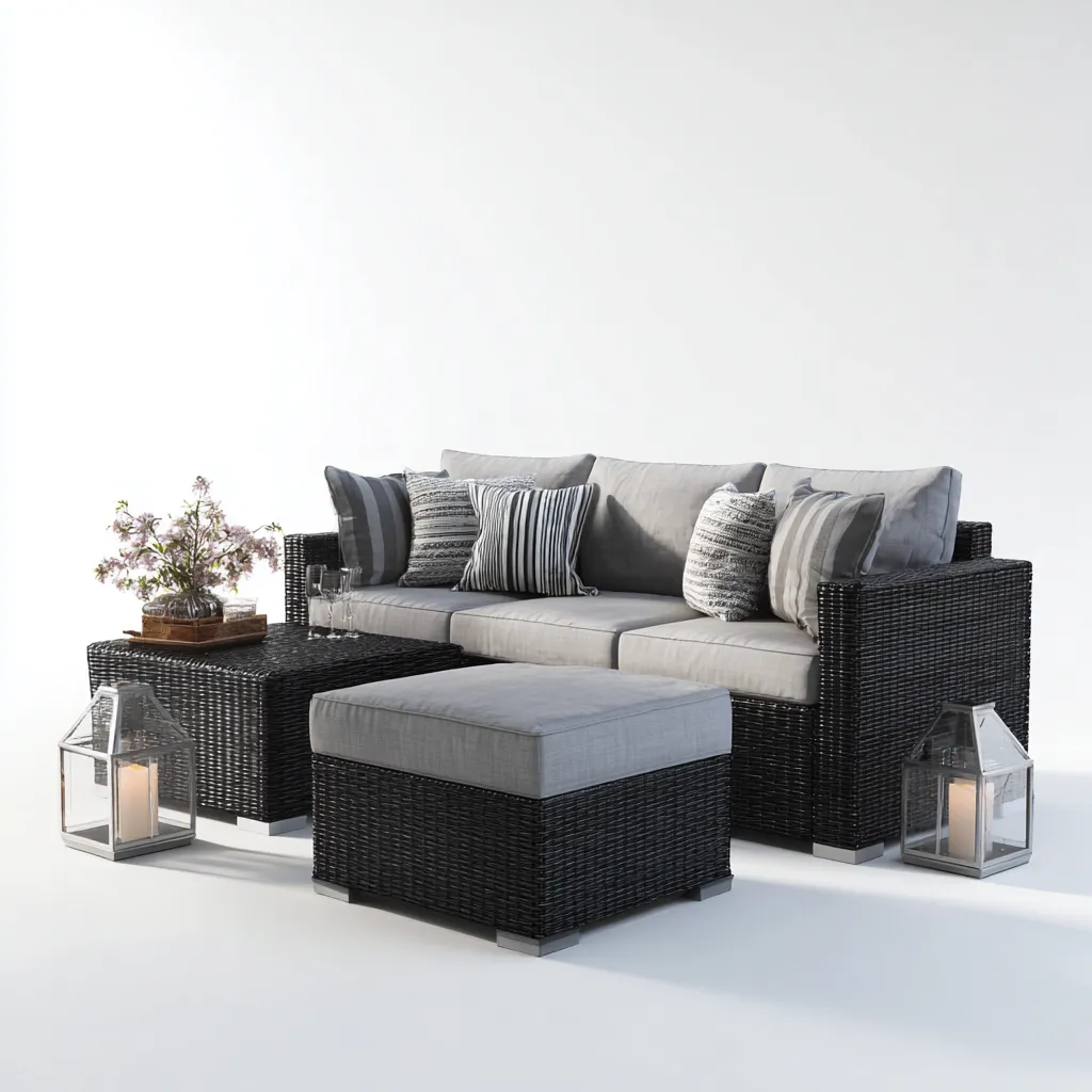 Sofá de jardín - ratán sintético - 190x80x80 cm - negro-gris - diseño moderno-Bamboogonest