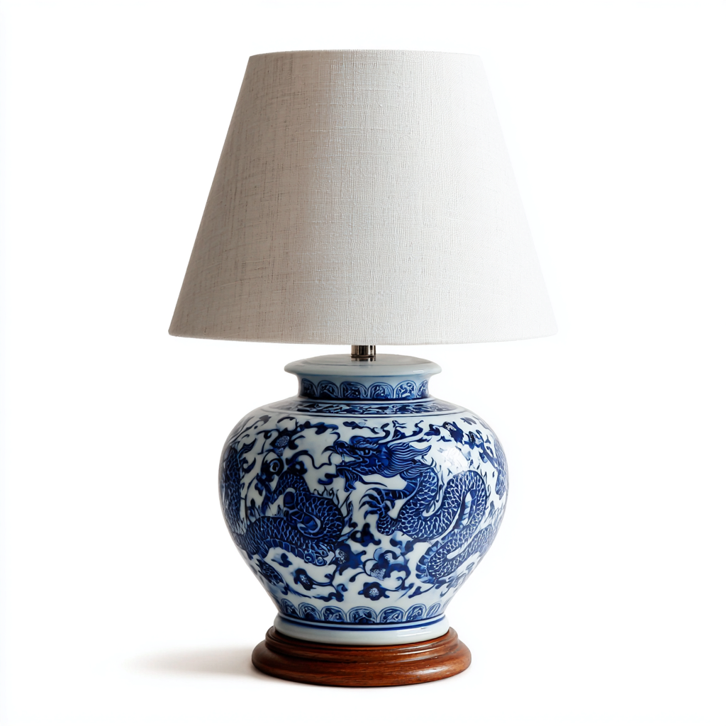 Lámpara de mesa-tela-cerámica-madera-38x60 cm-blanco-azul-madera-estilo clásico-Bamboogonest