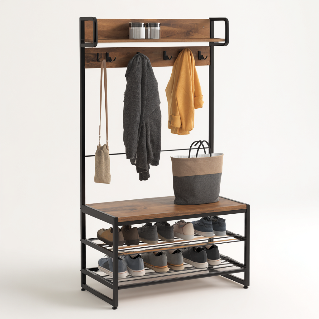 Perchero-metal-madera-90x35x175 cm-negro-roble-diseño industrial-Bamboogonest