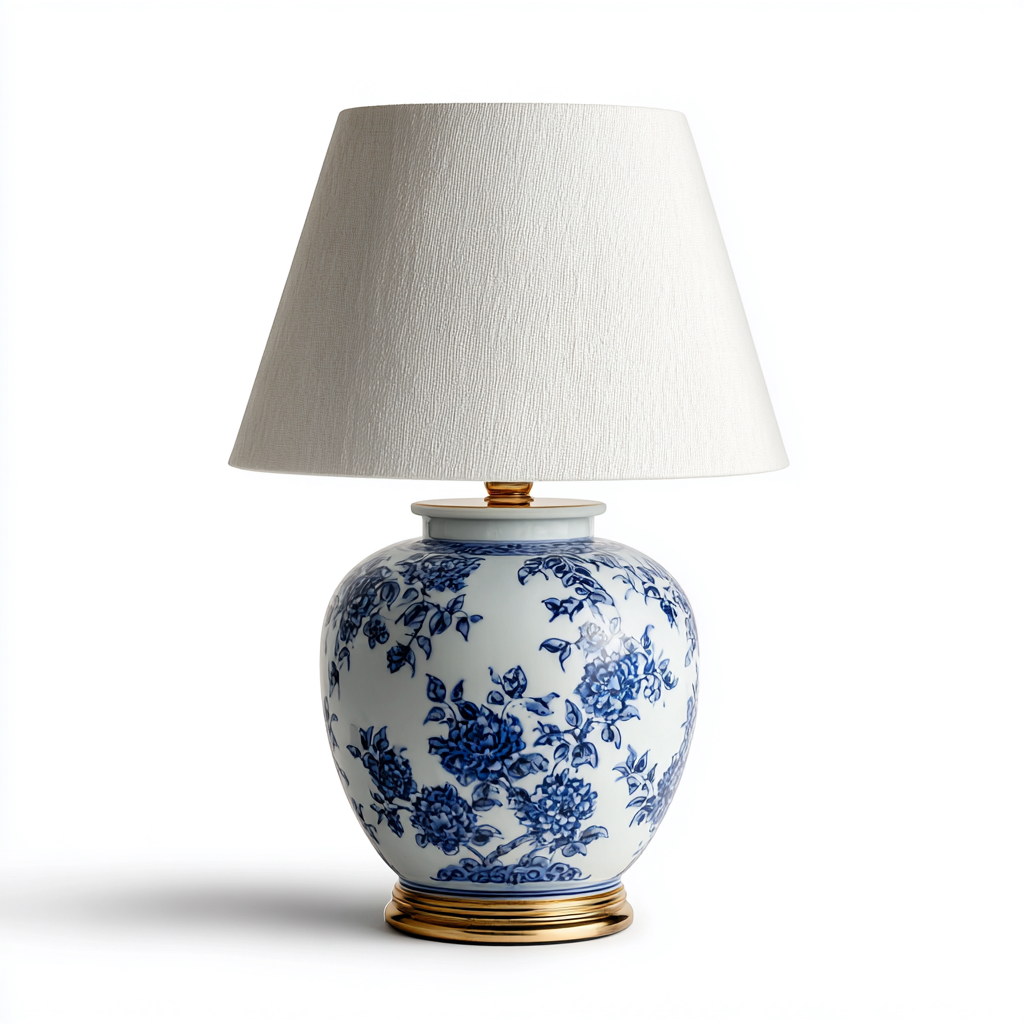 Lámpara de mesa-tela-cerámica-metal-33x55 cm-blanco-azul-dorado-estilo clásico-Bamboogonest