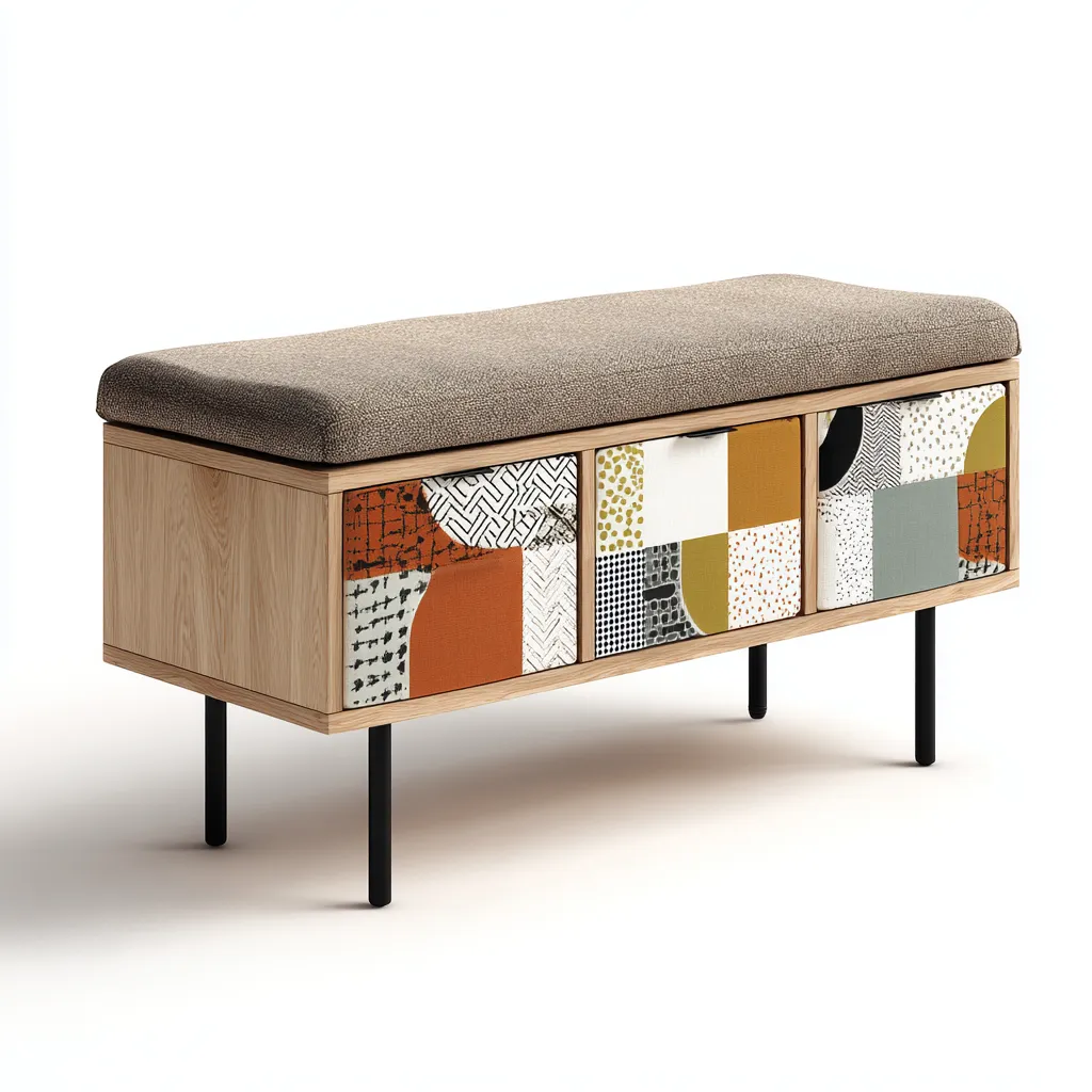 Banco de dormitorio - madera-tela - 119x42x54 cm - marrón-madera-multicolor - asiento con almacenaje-Bamboogonest
