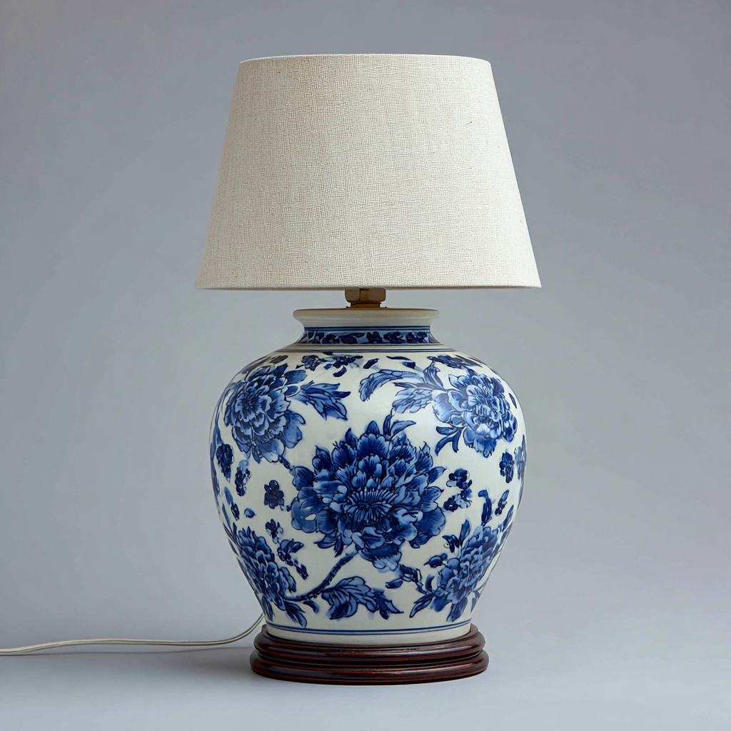 Lámpara de mesa-tela-cerámica-madera-35x59 cm-blanco-azul-madera-estilo clásico-Bamboogonest