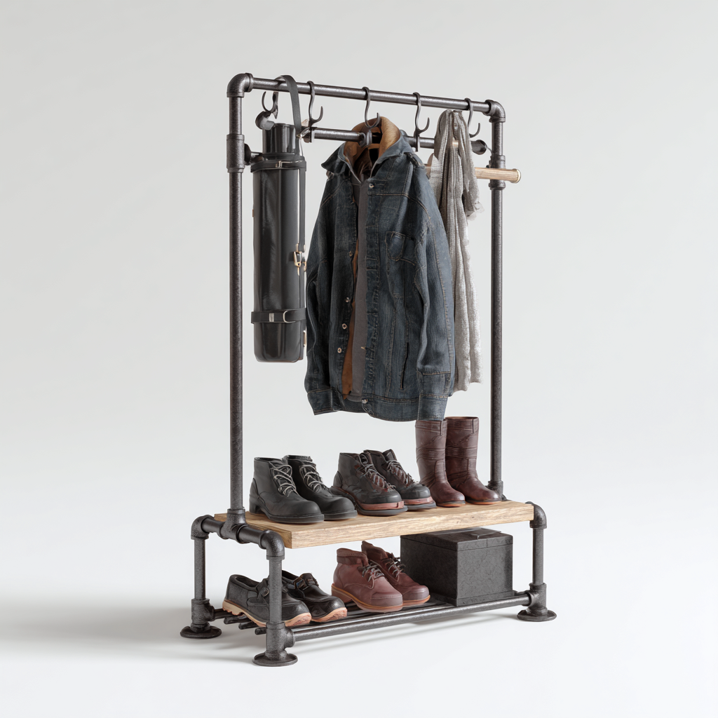 Perchero-metal-madera-95x40x165 cm-negro-madera clara-diseño industrial-Bamboogonest