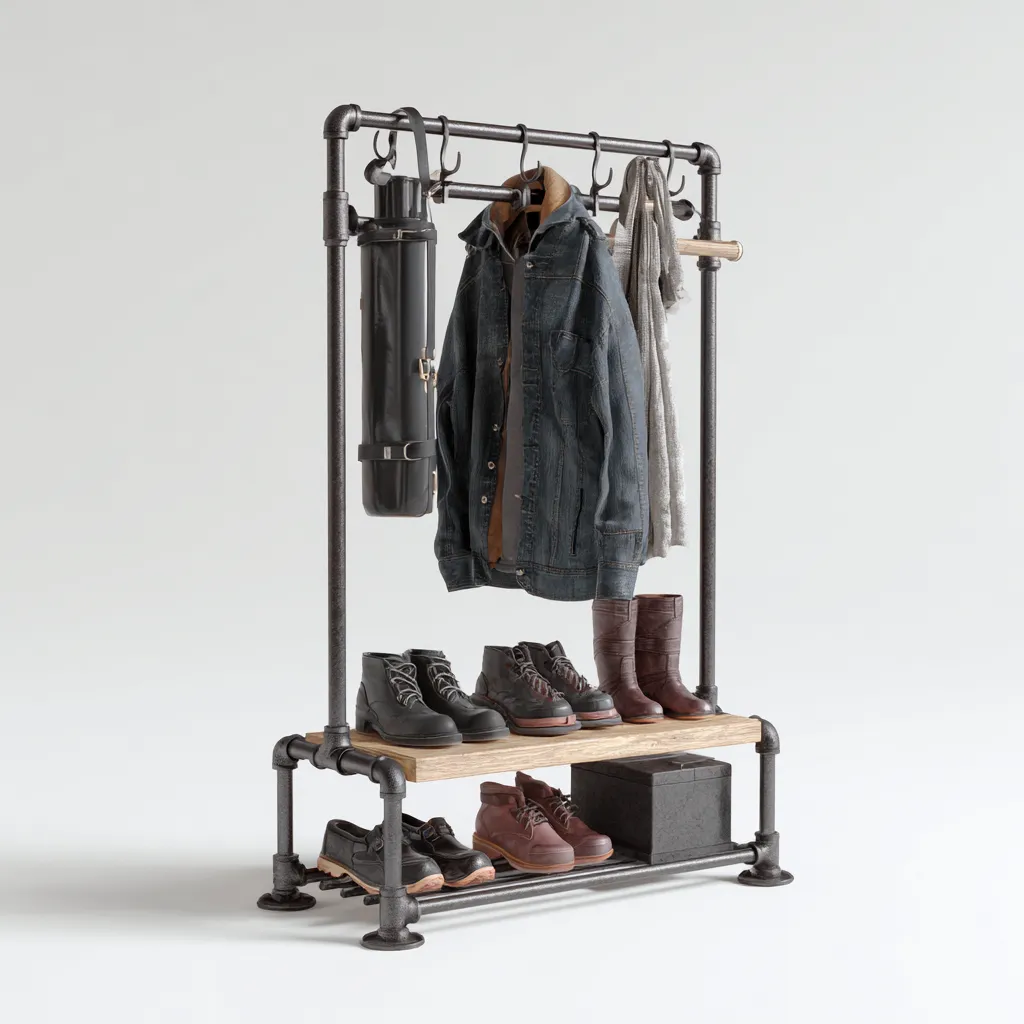 Perchero-metal-madera-95x40x165 cm-negro-madera clara-diseño industrial-Bamboogonest