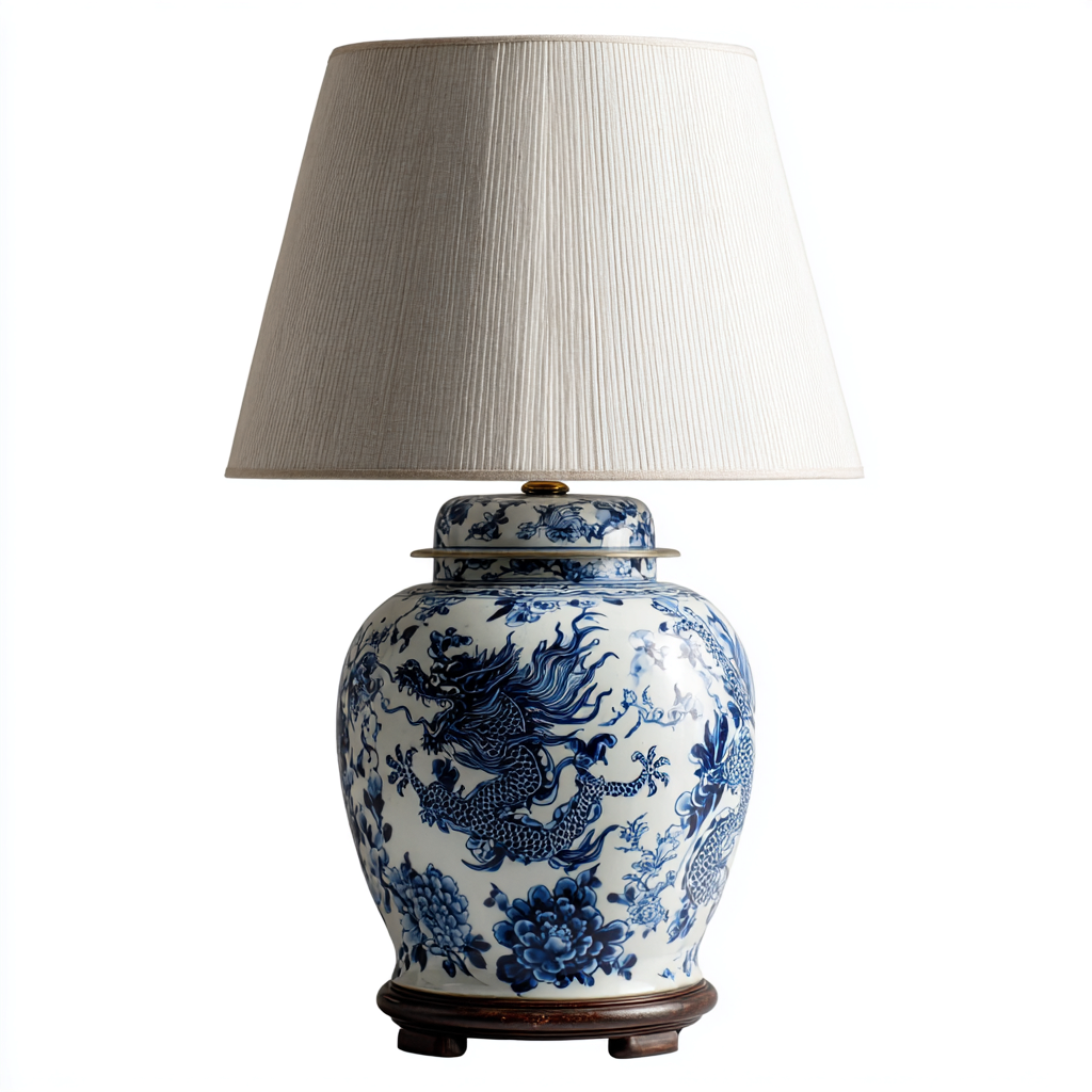 Lámpara de mesa-tela-cerámica-madera-38x60 cm-blanco-azul-madera-estilo clásico-Bamboogonest