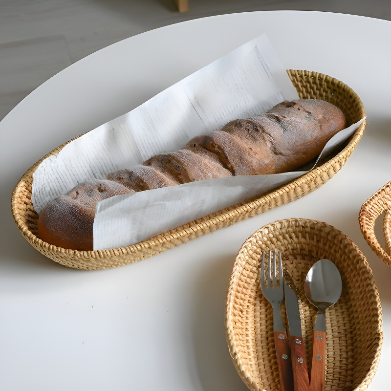 Nordischer Obstkorb aus geflochtenem Holz und Rattan