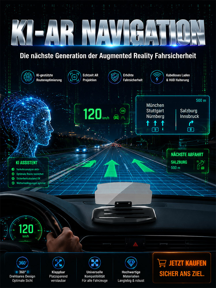 🚗 HUD‑Head‑Up‑Display Handyhalter | Kabelloses Laden + Navigationsprojektion