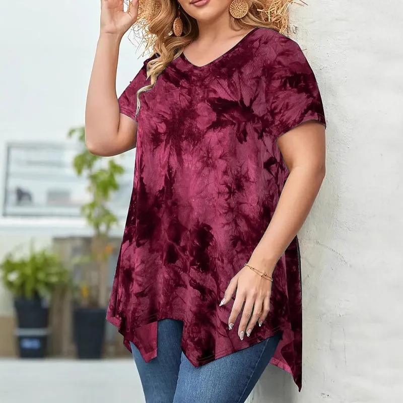 👚🌫️Bluzka damska tie-dye z dekoltem w serek, nieregularny kształt, krótkie rękawy — luźna, wyjątkowa🌀